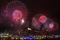 Fireworks explode over the cruise ship Aida Blu.