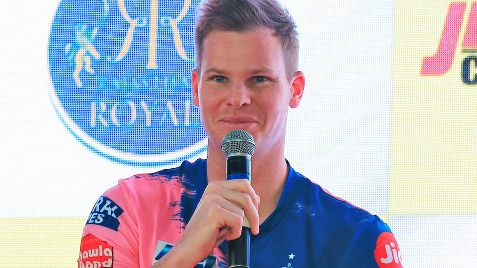 Steve Smith speaks at a Rajasthan Royals event.