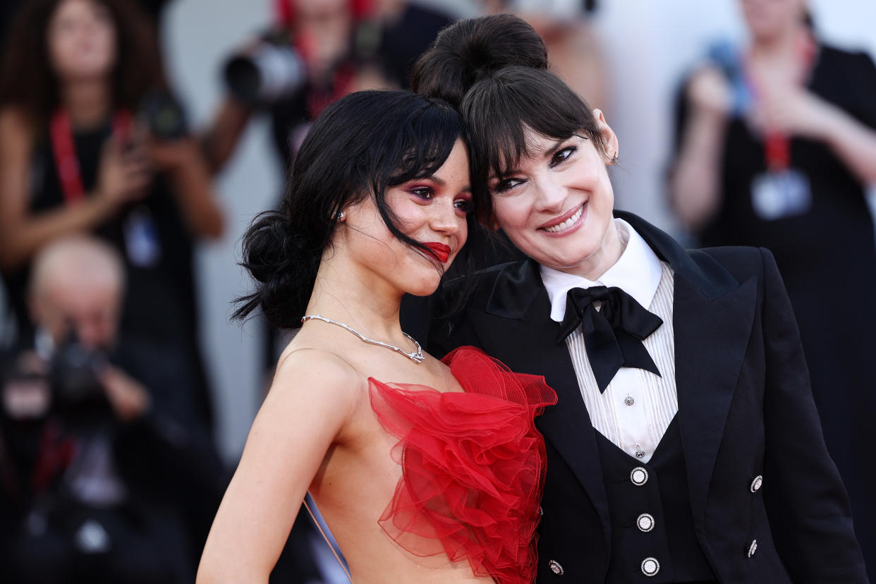 VENICE, ITALY - AUGUST 28: Jenna Ortega and Winona Ryder attend the red carpet for 