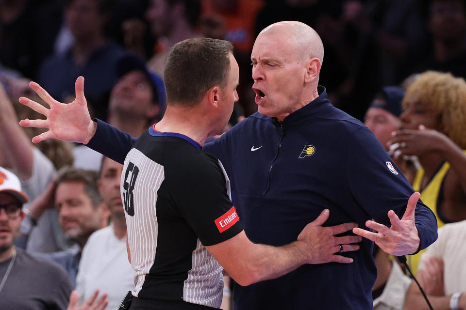 NEW YORK, NEW YORK - MAY 08: Indiana Pacers head coach Rick Carlisle argues a call with referee Josh Tiven #58 during the fourth quarter against the New York Knicks in Game Two of the Eastern Conference Second Round Playoffs at Madison Square Garden on May 08, 2024 in New York City. NOTE TO USER: User expressly acknowledges and agrees that, by downloading and or using this photograph, User is consenting to the terms and conditions of the Getty Images License Agreement. (Photo by Elsa/Getty Images)