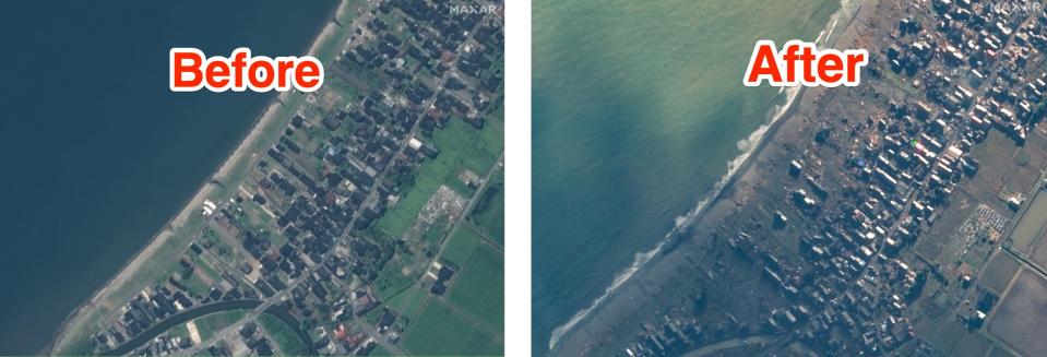Photo of a coastal town in Japan before and after a tsunami flooded it.