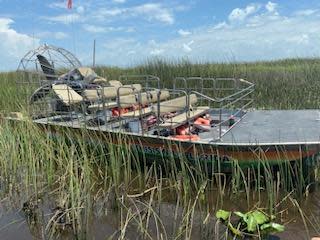 One of the two airboats involved in a crash on Aug. 14, 2023 that left 13 people injured.