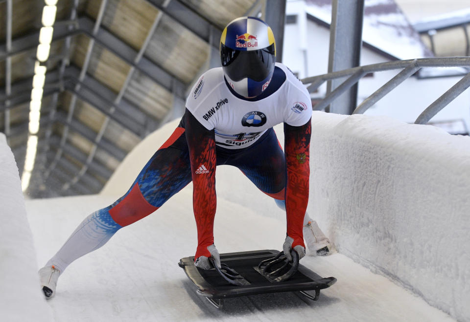 Nikita Tregubov of Russia finish his second run of the men's skeleton World Cup race in Sigulda, Latvia, Saturday, Dec. 8, 2018. Nikita Tregubov won the event. (AP Photo/Roman Koksarov)