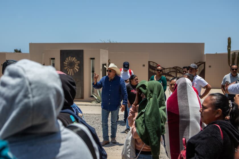 June 16, 2023 - CROC union leader Arturo Miranda chants with striking employees outside of Rancho Pescadero, a luxury beachfront hotel owned by Hyatt, in the town of Pescadero in Baja California Sur, Mexico. Two foreigners, John Heathco and Abby Lutz, died of carbon monoxide poisoning at the hotel on June 13. Employees and former employees of the hotel, some of whom have been on strike for months, say that the carbon monoxide detectors were disabled because the beeping was irritating guests. Workers at the hotel are on strike for the following: physical safety for employees, paid overtime, transparency surrounding money that employees had to give back to the hotel from their earned tips, and fair staff meals. Meghan Dhaliwal for the Los Angeles Times