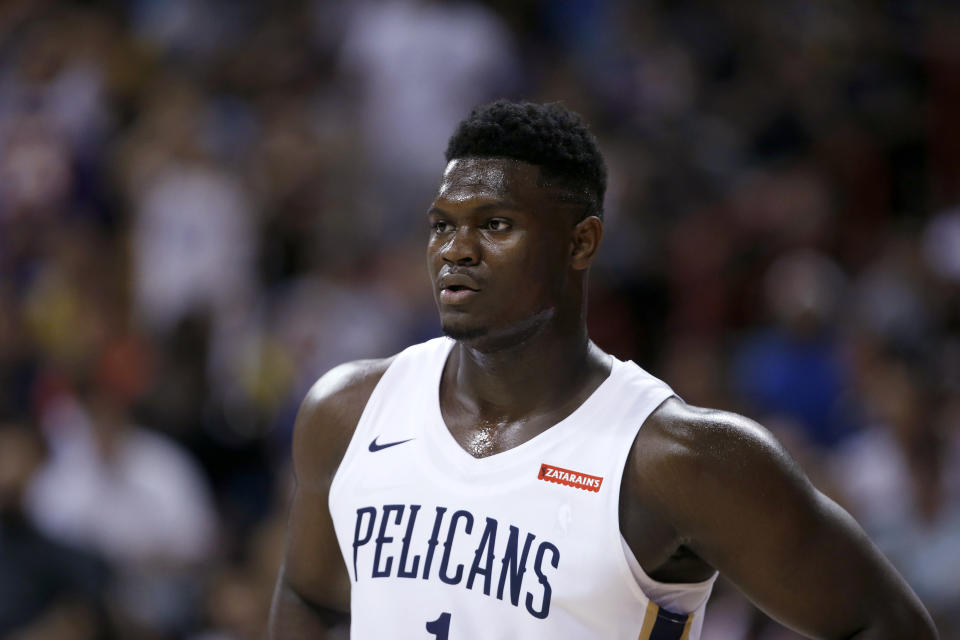 New Orleans Pelicans' Zion Williamson pauses during the team's NBA summer league basketball game against the New York Knicks on Friday, July 5, 2019, in Las Vegas. (AP Photo/Steve Marcus)
