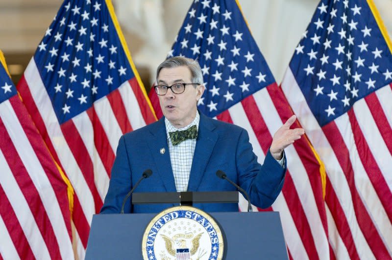 President of the Ghost Army Legacy Project Rick Beyer speaks during the Congressional Gold Medal presentation ceremony honoring the Ghost Army on Thursday. Beyer directed a 2013 documentary about the Ghost Army, which led to a push to have their actions formally recognized after eight decades of secrecy. Photo by Bonnie Cash/UPI