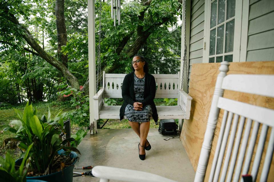 <p>Martha Swann-Quinn</p> Jaime Kinder, mayor of Meadville, Pennsylvania, pictured outside her home