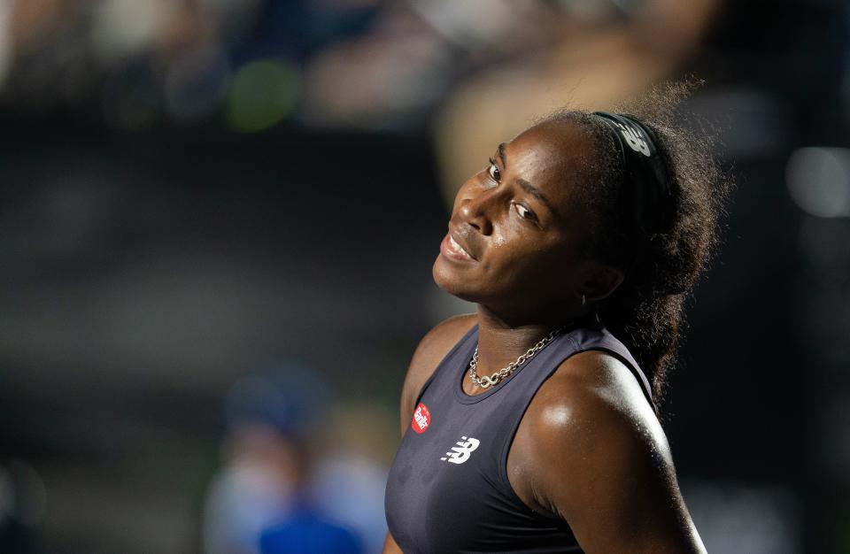 Nov 4, 2023; Cancun, Mexico; Coco Gauff (USA) reacts to a point during her match against Jessica Pegula (USA) on day seven of the GNP Saguaros WTA Finals Cancun. Mandatory Credit: Susan Mullane-USA TODAY Sports