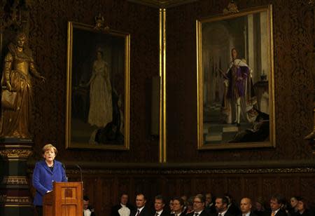 German Chancellor Angela Merkel address members of both Houses of Parliament in the Royal Gallery of the Palace of Westminster in London February 27, 2014. REUTERS/Luke Macgregor