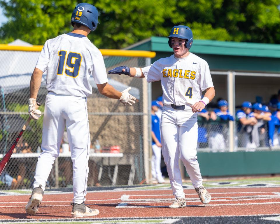 Sam Clay (4) and Ben Pouliot (19) are two of Hartland's seven third-year varsity seniors.