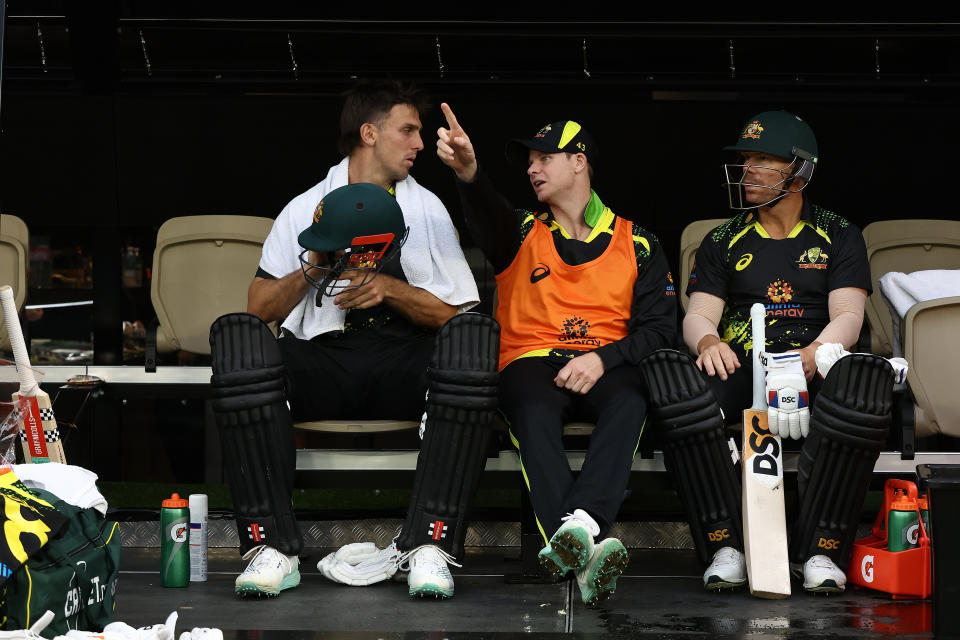 Mitch Marsh, Steve Smith and David Warner, pictured here during the first T20 against Australia.