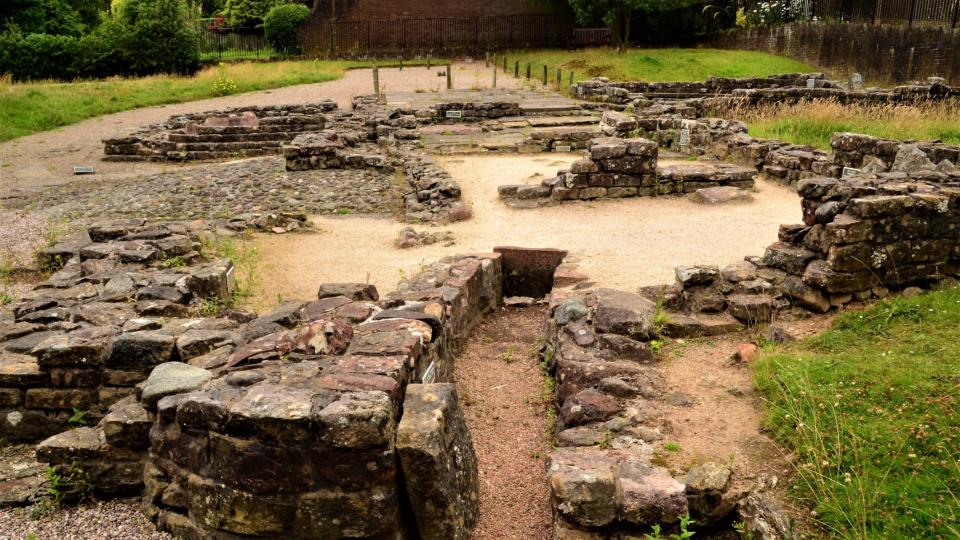 The ruins of an ancient Roman baths complex at Bearsden which formed part of the historic Antonine wall in Scotland.