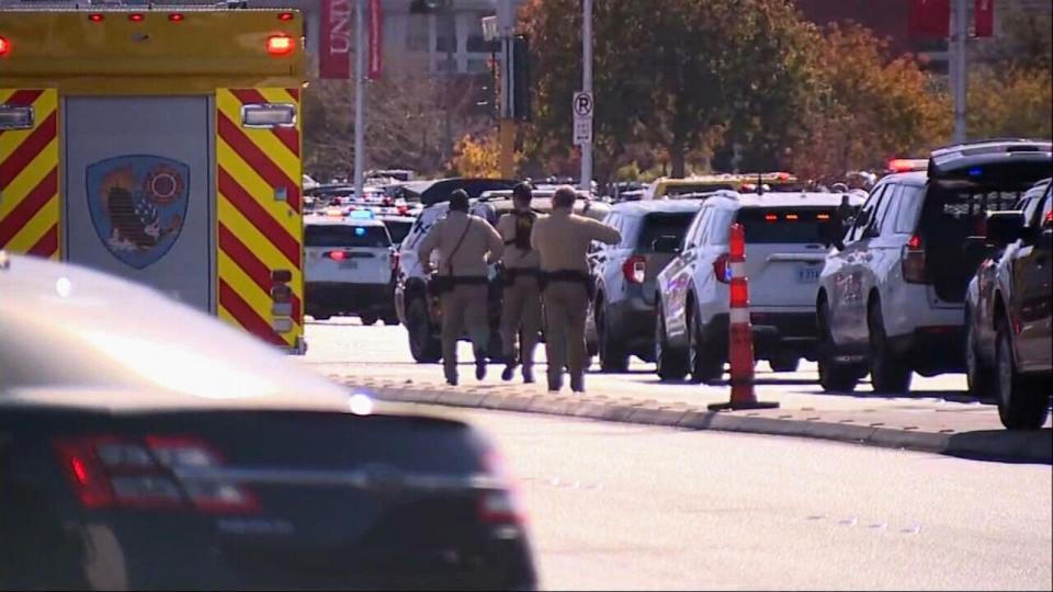 PHOTO: In this screen grab from a video, law enforcement officials respond to a shooting on the  University of Nevada, Las Vegas, campus, on Dec. 6, 2023, in Las Vegas. (KTNV)