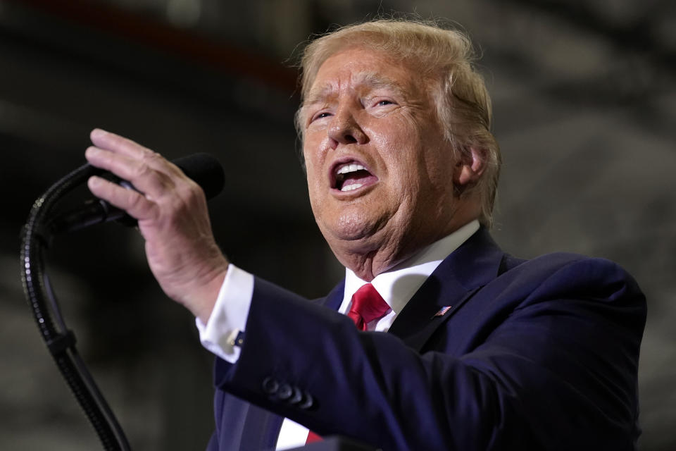 President Donald Trump speaks at a rally at Xtreme Manufacturing, Sunday, Sept. 13, 2020, in Henderson, Nev. (AP Photo/Andrew Harnik)