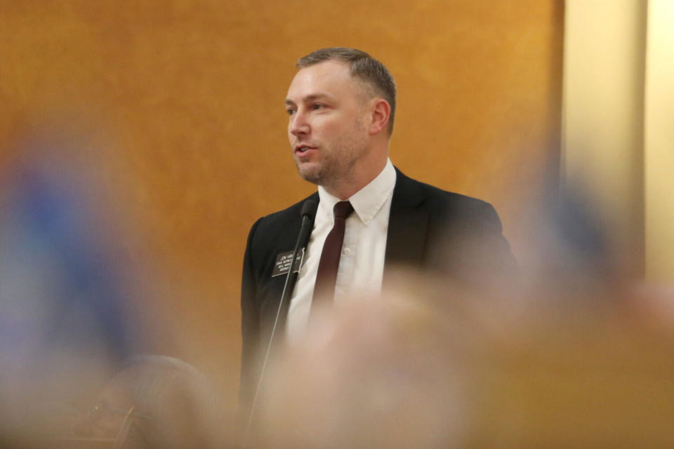 Rep. Jon Hansen, R-Dell Rapids, speaks on the House floor on Feb. 6, 2024. (Makenzie Huber/South Dakota Searchlight)