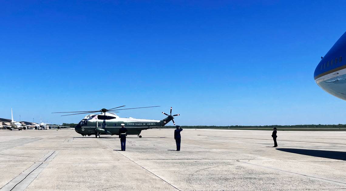 Marine One lands at Joint Base Andrews on Tuesday, April 23, 2024.