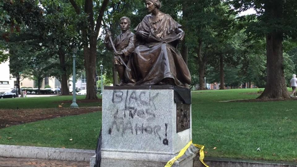 In 2015, the monument to North Carolina Women of the Confederacy was spray painted with “Black Lives Matter!”. (Photo:  <span class="asset-item-link"><span class="asset-item-author">WTVD – Raleigh/Durham)</span></span>