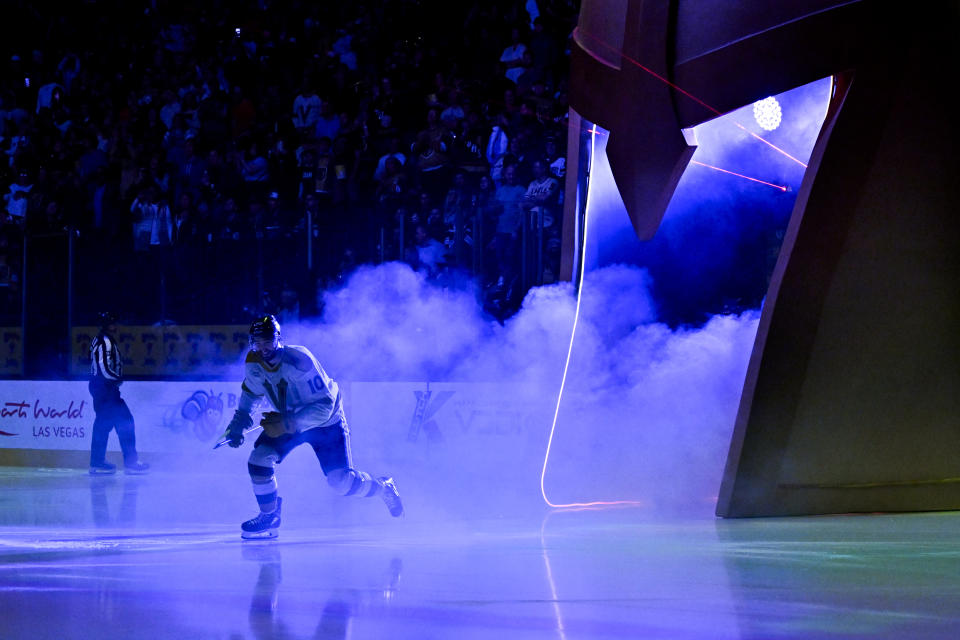 Vegas Golden Knights center Nicolas Roy takes the ice before an NHL hockey game against the Seattle Kraken Thursday, March 21, 2024, in Las Vegas. (AP Photo/David Becker)