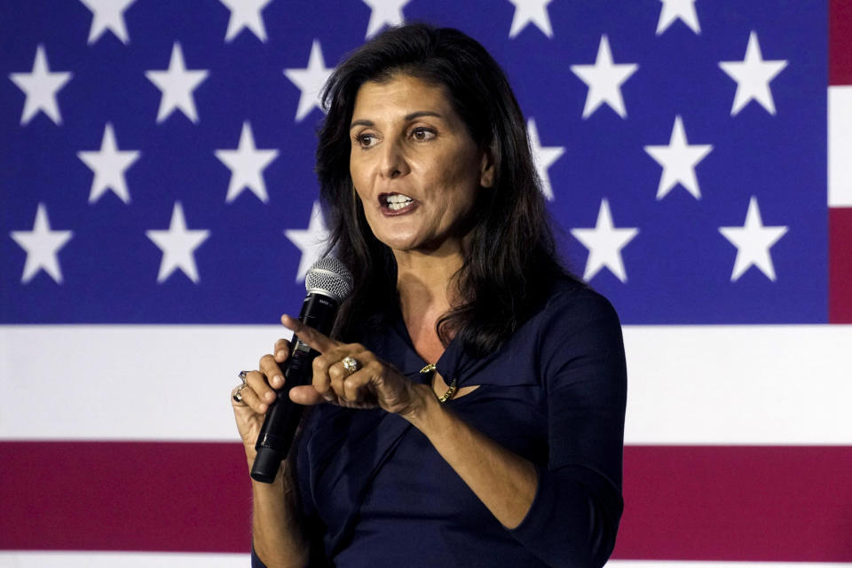 Republican presidential hopeful Nikki Haley at a rally in Gilbert, S.C., on April 6, 2023. (Meg Kinnard / AP file)