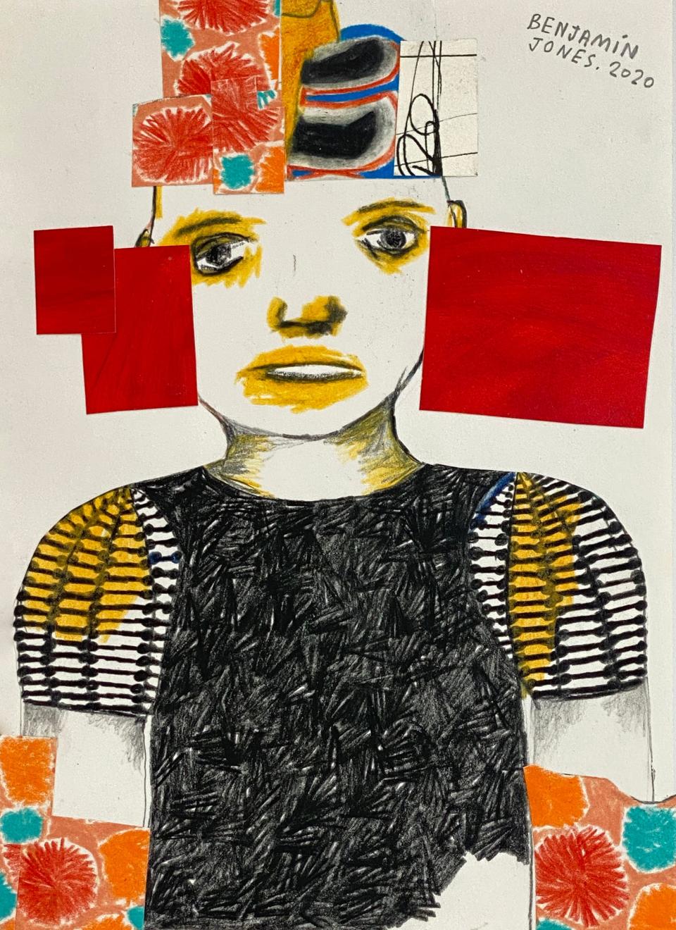 "Red 19," 2020, graphite, colored pencil, collage
element