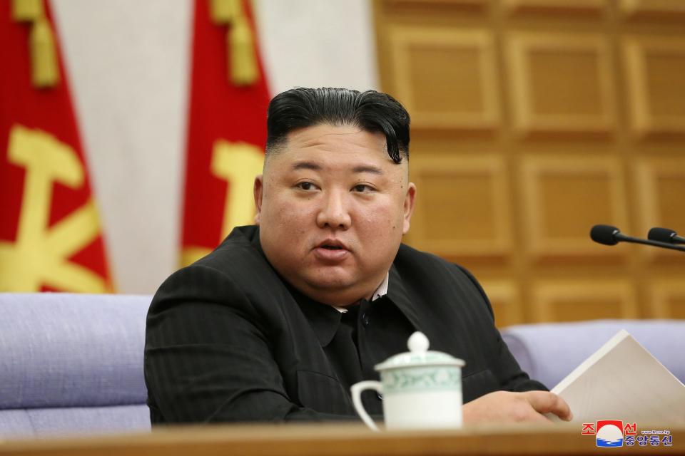 North Korean leader Kim Jong Un speaks during a plenary meeting of the Workers' Party central committee in Pyongyang, North Korea in this photo supplied by North Korea's Central News Agency (KCNA) on February 9, 2021