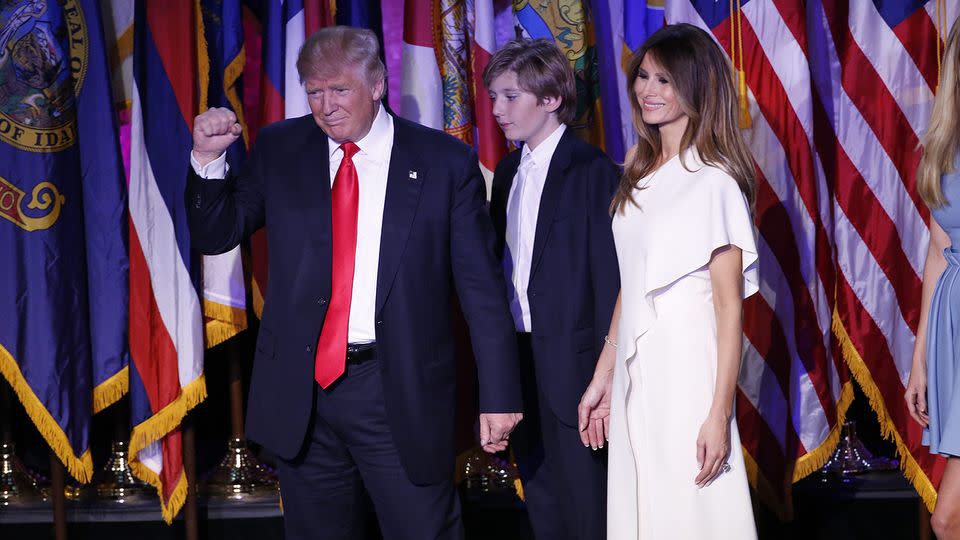 Republican president-elect Donald Trump acknowledges the crowd during his election night event at the New York Hilton Midtown in the early morning. Photo: Getty Images