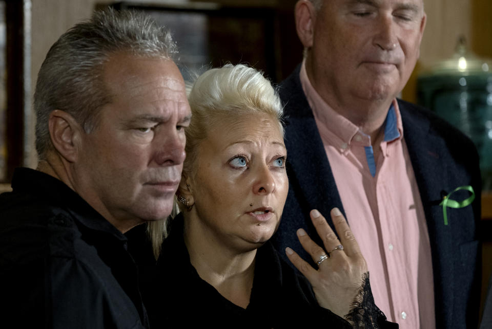 Charlotte Charles, mother of Harry Dunn, who died after his motorbike was involved in an August 2019 accident in Britain with Anne Sacoolas, wife of an American diplomat, speaks at a news conference as she is joined by husband Bruce Charles, left, stepfather of Dunn, Monday, Oct. 14, 2019, in New York. The family is seeking answers after Sacoolas returned to the United States after being granted diplomatic immunity following the crash. (AP Photo/Craig Ruttle)