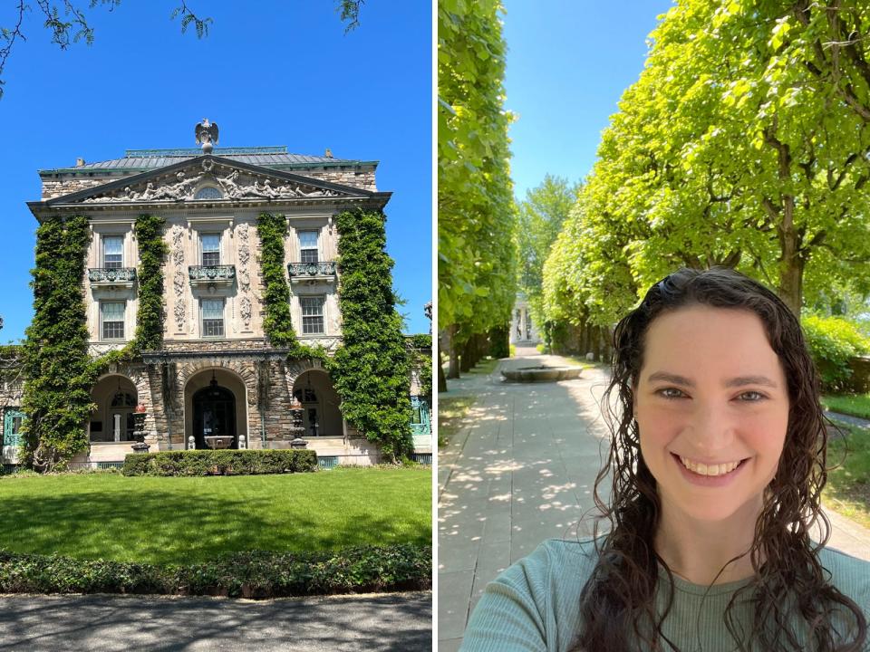 Journalist Talia Lakritz in front of the Kykuit mansion