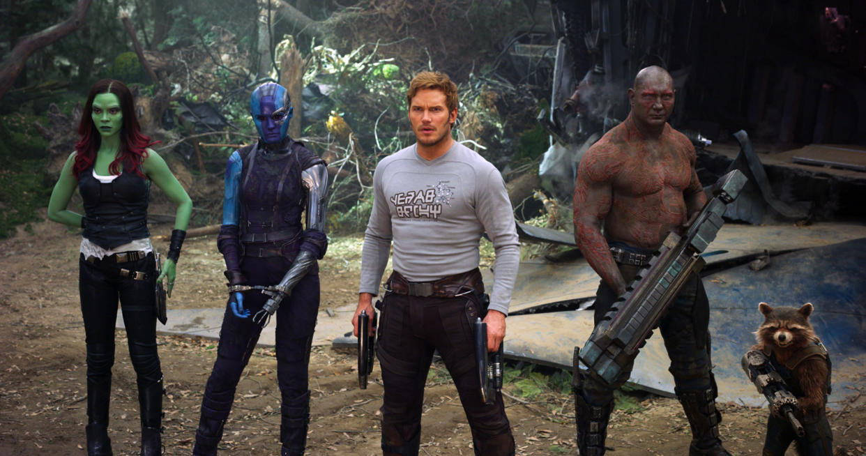 From left to right: Zoe Saldana, Karen Gillan, Chris Pratt, Bautista and Rocket in 'Guardians of the Galaxy, Vol. 2' (Photo: ©Walt Disney Co./Courtesy Everett Collection)