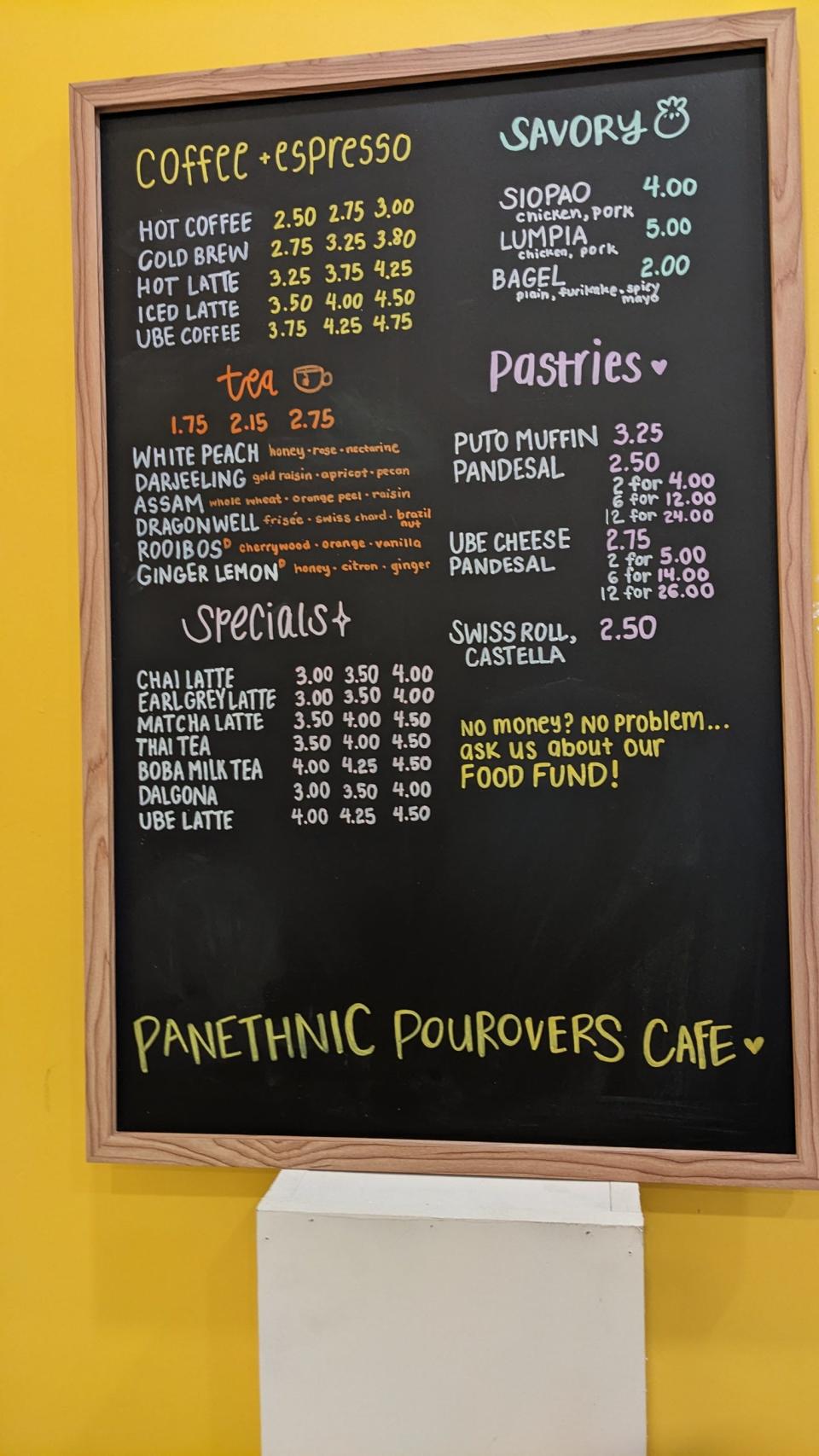 The menu at Panethnic Pourovers, a new café and community center opening in North Quincy this Saturday, Oct. 21.