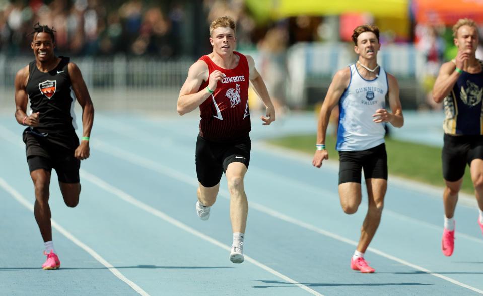 Kanab’s Travis Stewart, heads in for the win in the 2A 200m race as High School athletes gather at BYU in Provo to compete for the state track and field championships on Saturday, May 20, 2023. | Scott G Winterton, Deseret News
