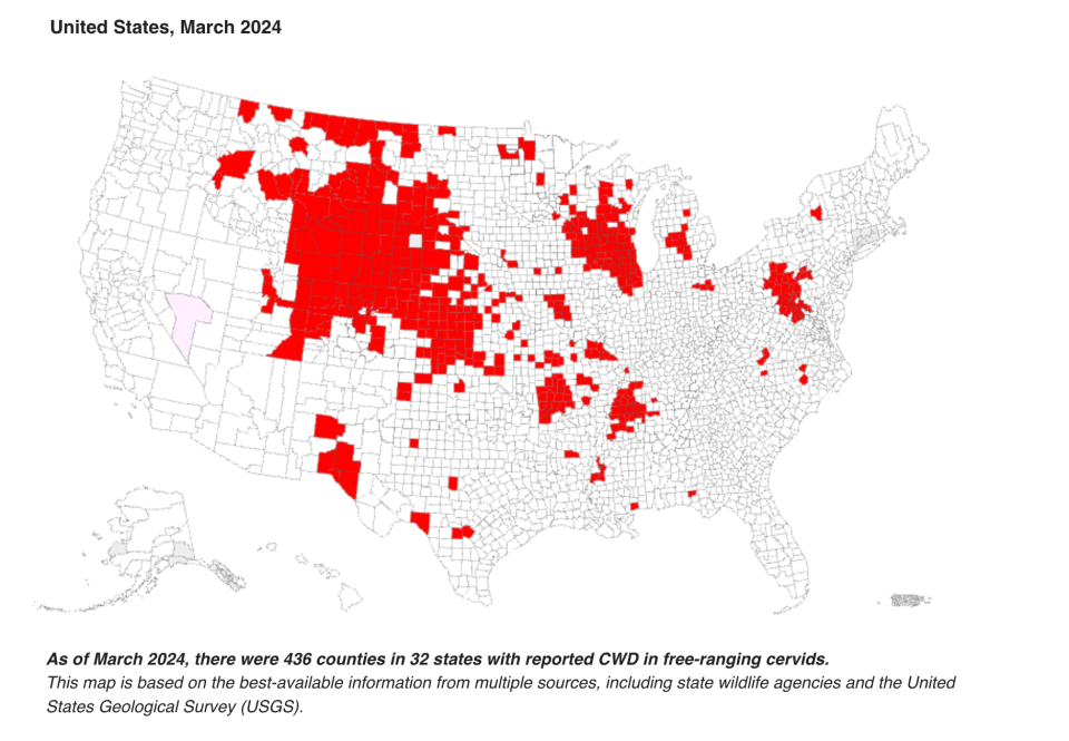 This CDC graphic shows the distribution of Chronic Wasting Disease (CWD) in the United States by county.