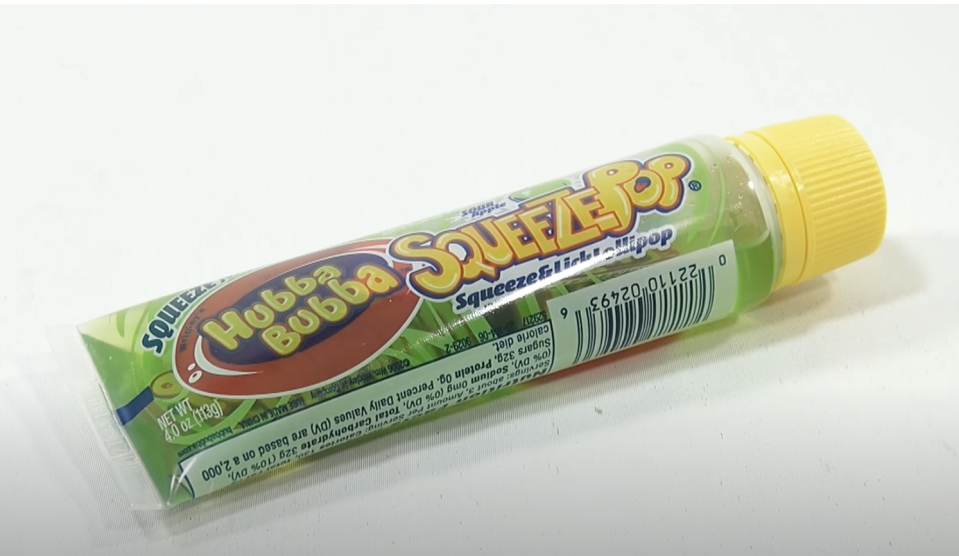 A green apple flavored Hubba Bubba Squeeze Pop