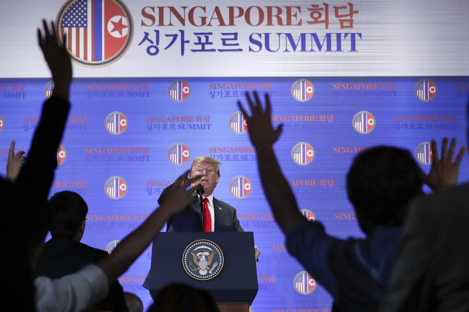 President Trump answers questions about the summit with North Korea leader Kim Jong Un during a press conference at the Capella resort on Sentosa Island on June 12, 2018, in Singapore. (Photo: Evan Vucci/AP)