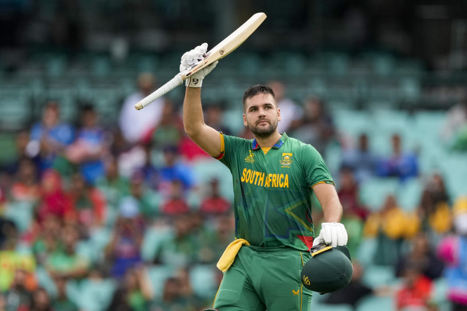 South Africa's Rilee Rossouw celebrates after scoring a century during the T20 World Cup cricket match between South Africa and Bangladesh in Sydney, Australia, Thursday, Oct. 27, 2022. (AP Photo/Rick Rycroft)roft)