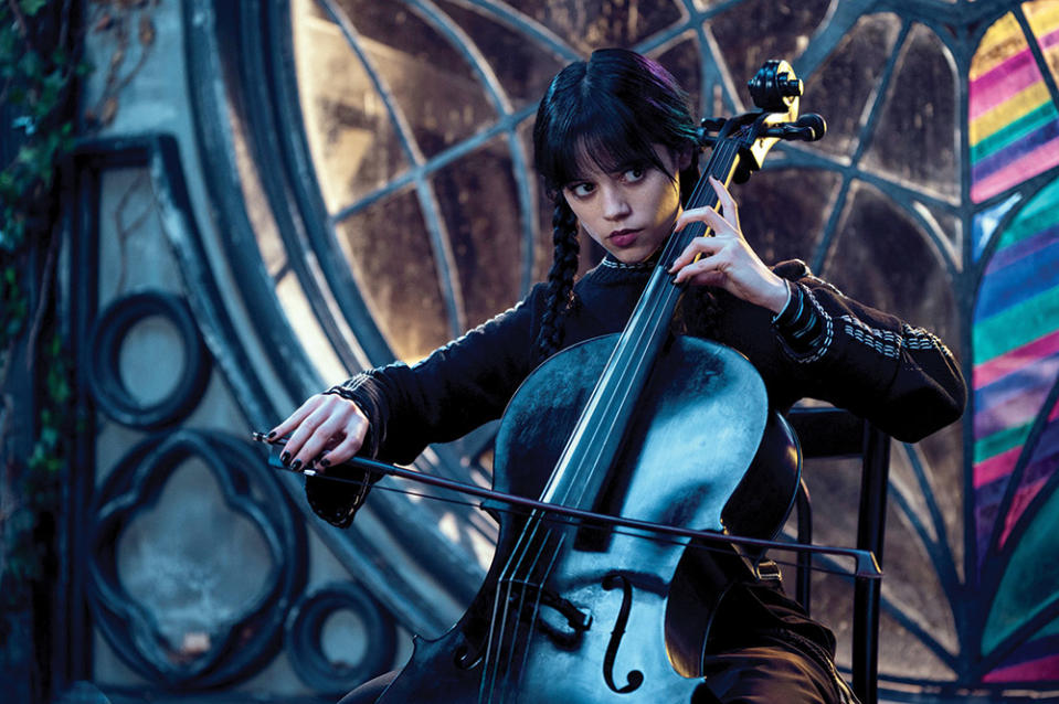 Danny Elfman’s score includes cello, which Wednesday plays in the series. For the score, Elfman largely opted to move away from the classic 1960s show. “Like with anything with Tim [Burton], when we’re doing something that comes from something else, he doesn’t want to lean on it,” says Elfman.