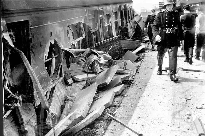 Carriages and station platform torn to pieces after the Cheadle Hulme crash, May 1964