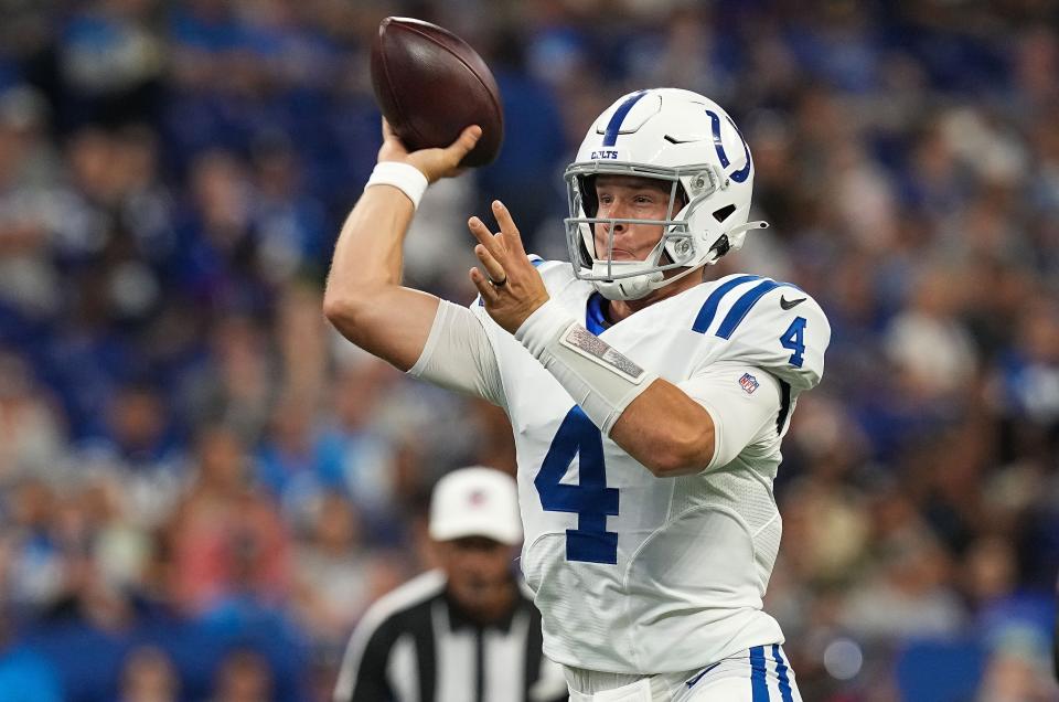 Indianapolis Colts quarterback Sam Ehlinger (4) throws the ball during the game against the Detroit Lions on Saturday, August 20, 2022 at Lucas Oil Stadium in Indianapolis. The Indianapolis Colts and Detroit Lions are tied at the half, 13-13. 