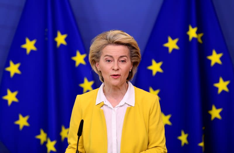 FILE PHOTO: EU Commission President von der Leyen delivers a statement on EU's vaccine strategy, in Brussels