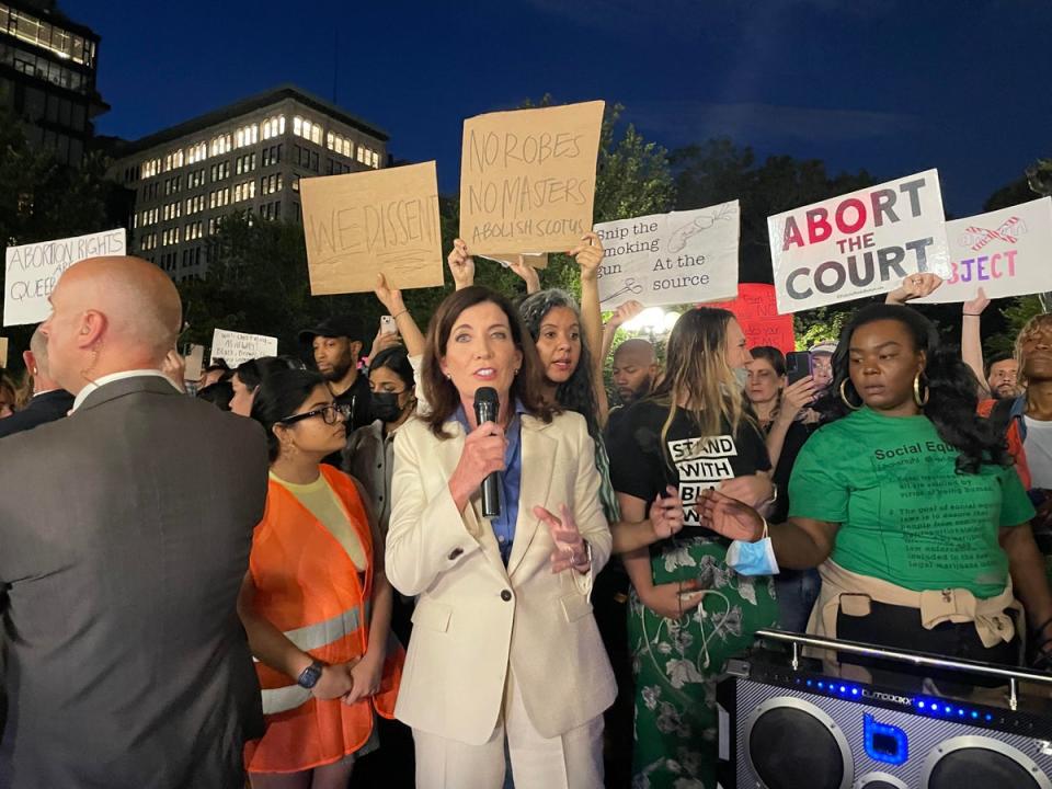 Gov Kathy Hochul at a pro-abortion event in Union Square in New York City. (The Independent)