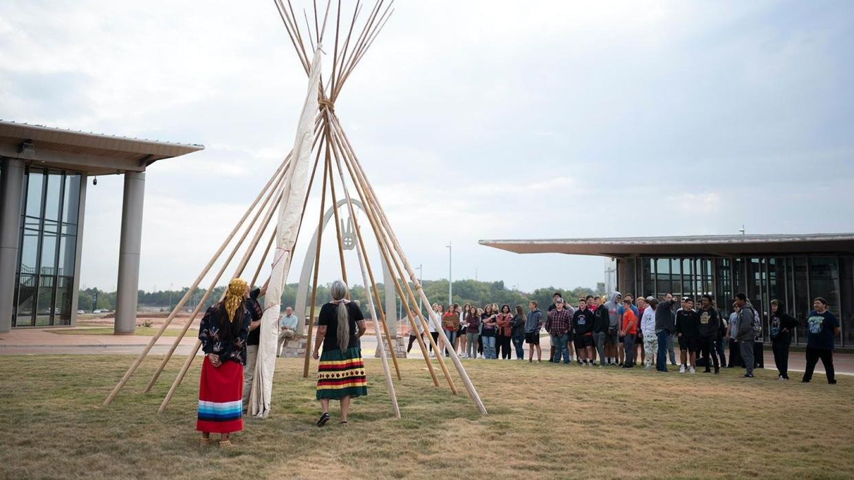 Teepee Raising First American Museum in Oklahoma City.