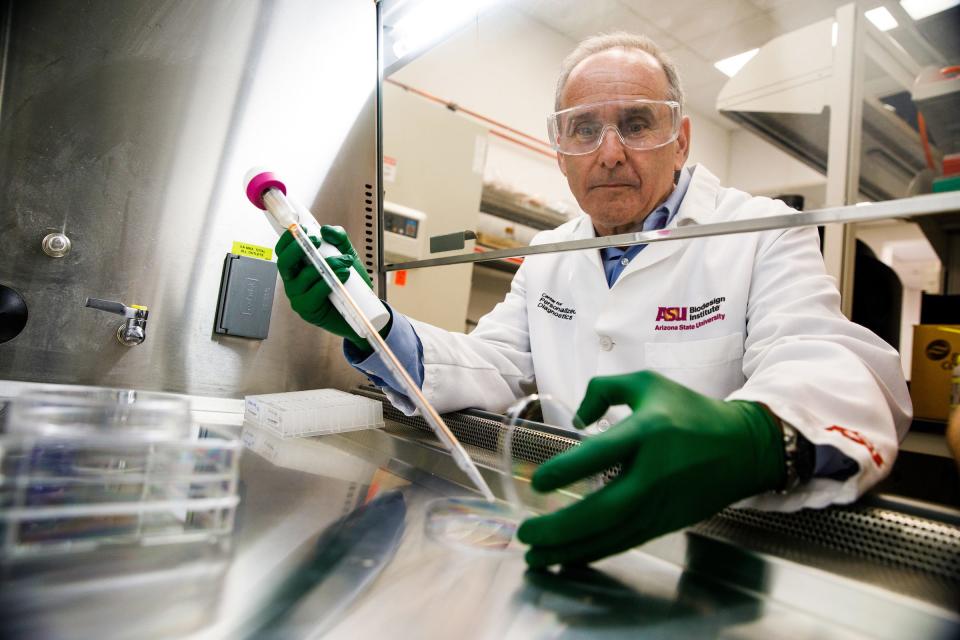 Dr. Joshua LaBaer, the executive director of ASU’s Biodesign Institute, uses a pipette to apply liquid into a petri dish under a chemical fume hood, where the air is carefully controlled. LaBaer conducts research aimed at better understanding cancer as well as COVID-19.
