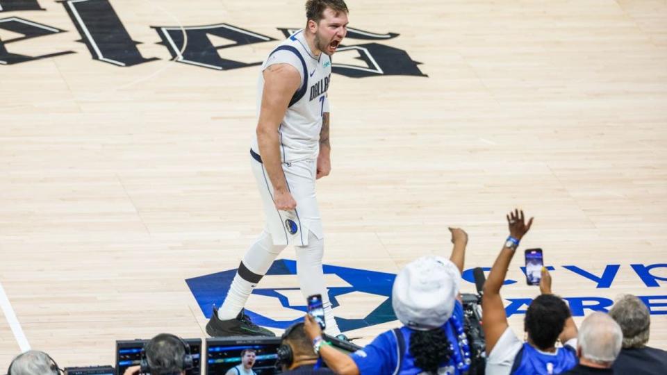 <div>Dallas Mavericks' <a class="link " href="https://sports.yahoo.com/nba/players/6014/" data-i13n="sec:content-canvas;subsec:anchor_text;elm:context_link" data-ylk="slk:Luka Doncic;sec:content-canvas;subsec:anchor_text;elm:context_link;itc:0">Luka Doncic</a> celebrates after scoring during the NBA first-round playoff match between Los Angeles Clippers and Dallas Mavericks in <a class="link " href="https://sports.yahoo.com/nba/teams/la-lakers/" data-i13n="sec:content-canvas;subsec:anchor_text;elm:context_link" data-ylk="slk:Los Angeles;sec:content-canvas;subsec:anchor_text;elm:context_link;itc:0">Los Angeles</a>, the United States, April 23, 2024. (Photo by Zhao Hanrong/Xinhua via Getty Images)</div>