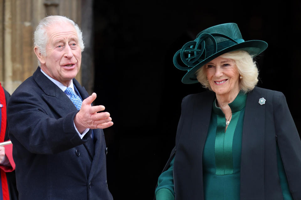 WINDSOR, ENGLAND - MARCH 31: King Charles III and Queen Camilla attend the Easter Mattins Service at Windsor Castle on March 31, 2024 in Windsor, England. (Photo by Chris Jackson/Getty Images)