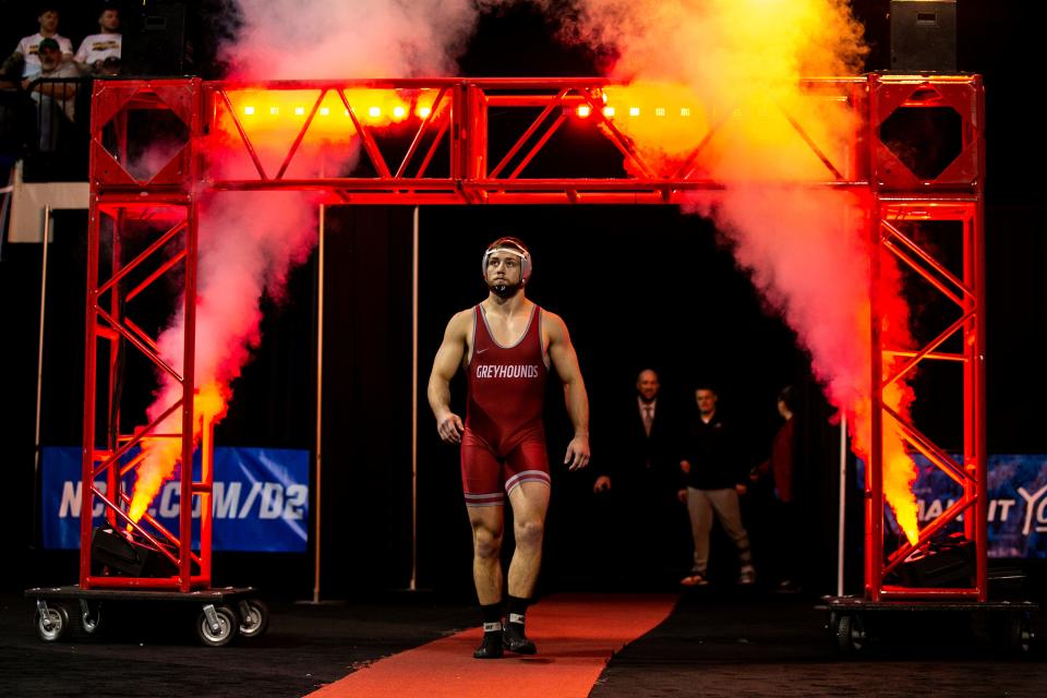 Indianapolis' Derek Blubaugh is introduced before wrestling at 197 pounds in the finals during the NCAA Division II Wrestling Championships, Saturday, March 11, 2023, at Alliant Energy PowerHouse in Cedar Rapids, Iowa.