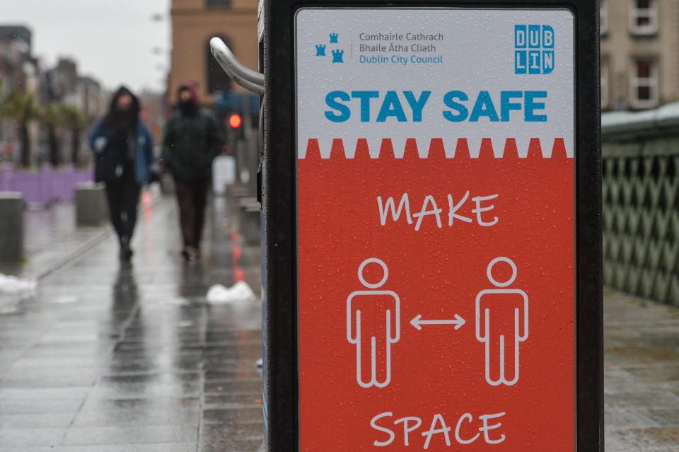 A street poster 'Stay Safe - Make Space' seen in Dublin during Level 5 Covid-19 lockdown. 
On Saturday, 30 January, 2021, in Dublin, Ireland. (Photo by Artur Widak/NurPhoto via Getty Images)