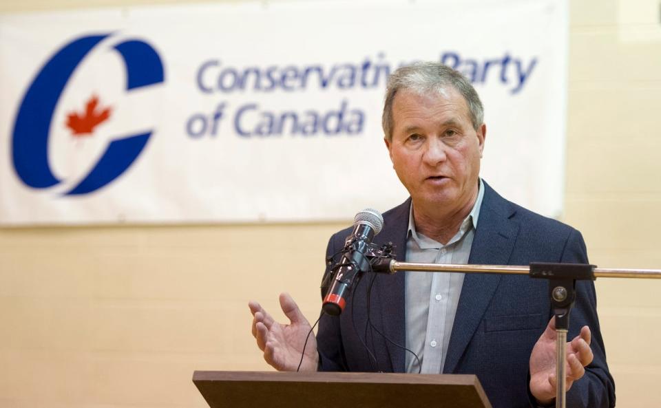 Ron Liepert speaks after defeating Rob Anders during the Calgary Signal Hill federal Conservative nomination, in Calgary on Saturday, April 12, 2014.