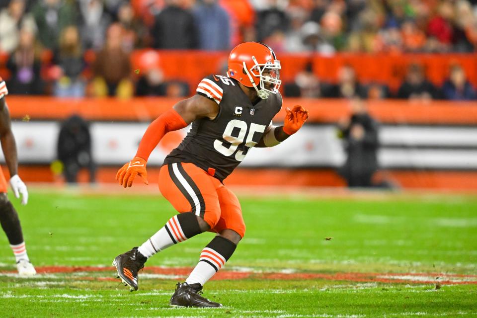 Browns defensive end Myles Garrett in action during the first half, Saturday, Dec. 17, 2022, in Cleveland.