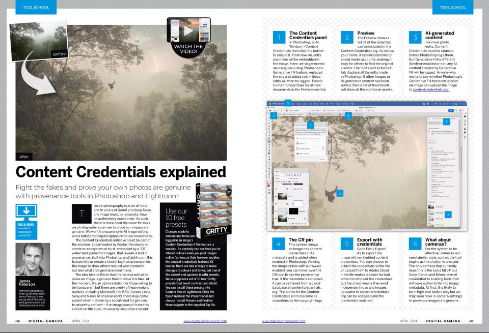 Digital Camera magazine's April 2024 Tool School article, a walkthrough of Content Credentials in Adobe Photoshop and Lightroom