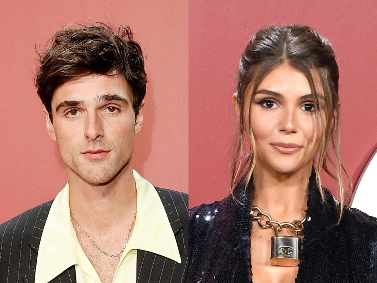 left: jacob elordi in a pinstripe suit and yellow shirt; right: olivia jade wearing a padlock chanel necklace and shimmering suit